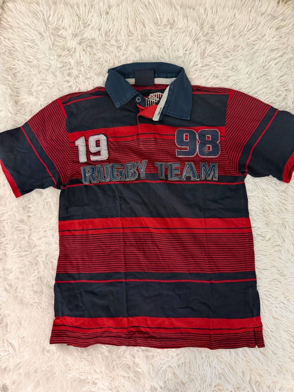 Vintage US Rugby Team Polo Shirt Mens M Red Blue Striped 98 Patch